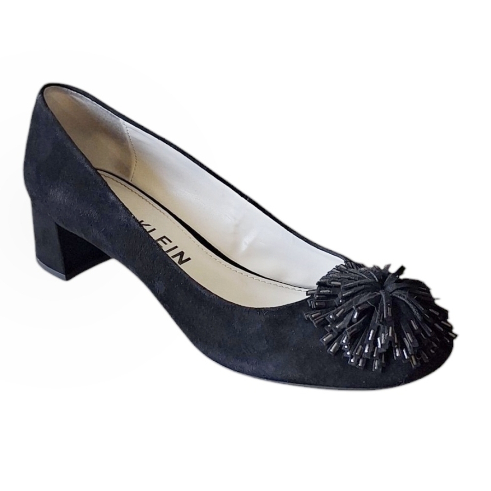 Anne Klein Happy Black Suede Pon-Pon Heels Business Casual Dressy Going Out 8.5